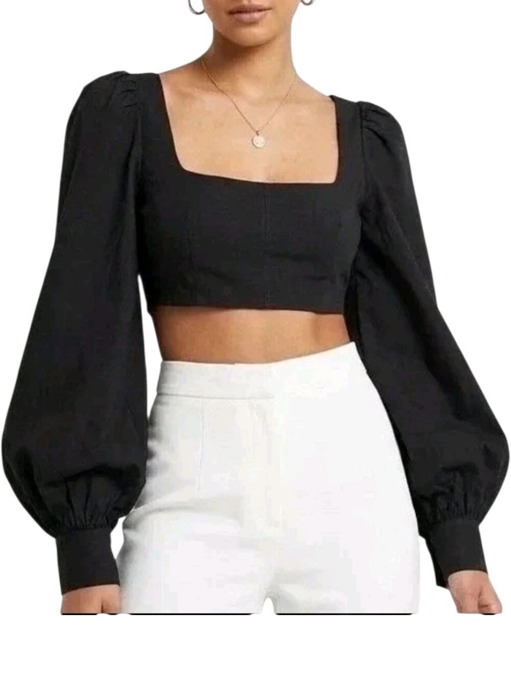 Naked Wardrobe The Statement Black Puff Sleeve Crop Top M Gothic Romance Party